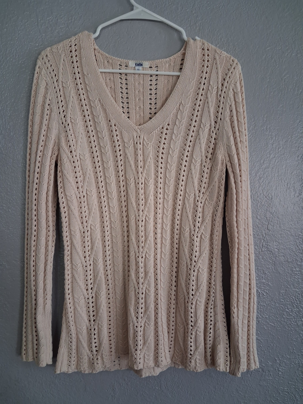 Tabi Vintage Cream Cable Knit V-Neck Sweater 100% Cotton XS